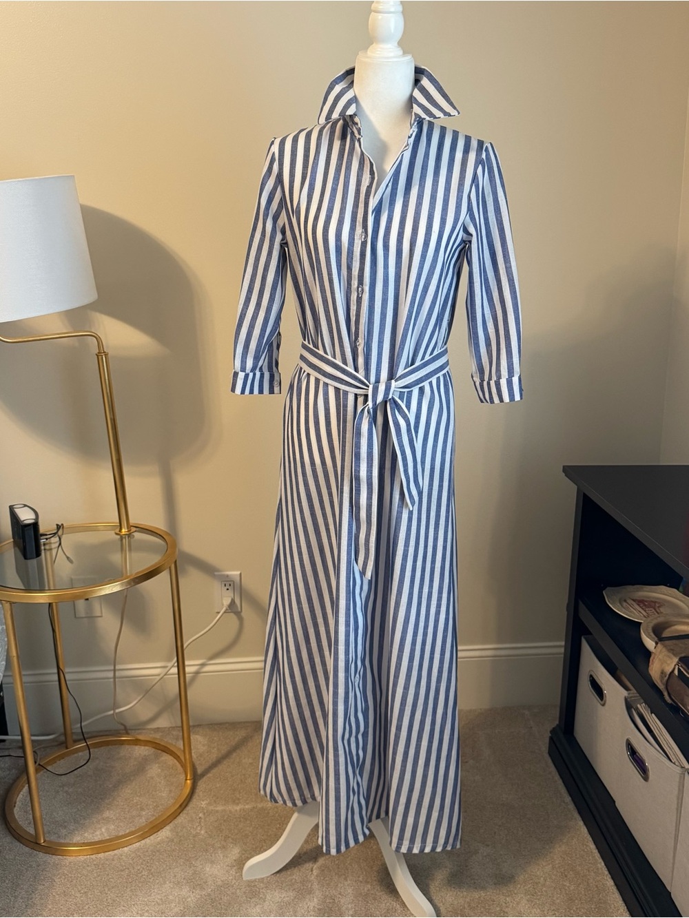 Blue and White Striped Maxi Shirt Dress with Tie Waist